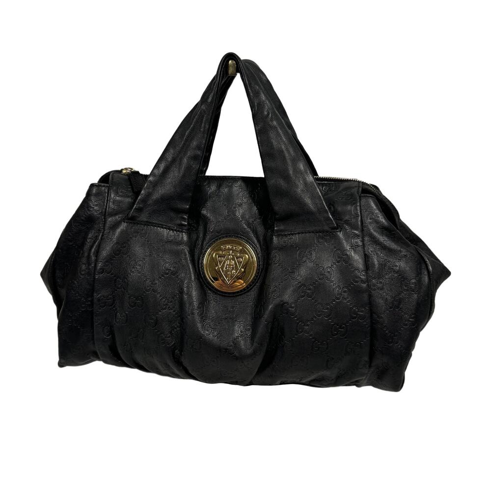 Gucci Vintage Black Embossed Leather GG Monogram Hysteria Top Handle Hobo Bag